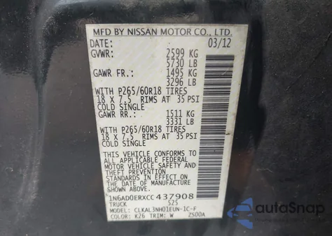 2012 Nissan Frontier Sl from USA, damaged, VIN 1N6AD0ERXCC437908